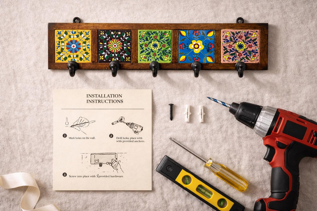 Hand-Painted Ceramic Wall Hook - 5 Hook Key Rack