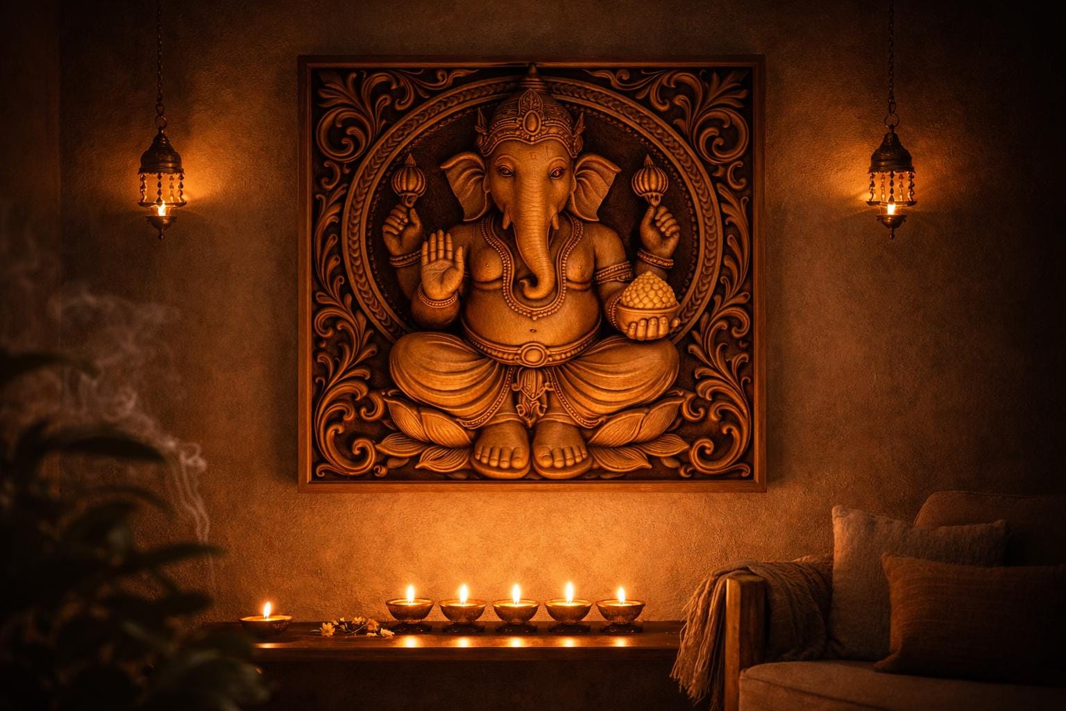 Hand-Carved Wooden Ganesha Wall panel