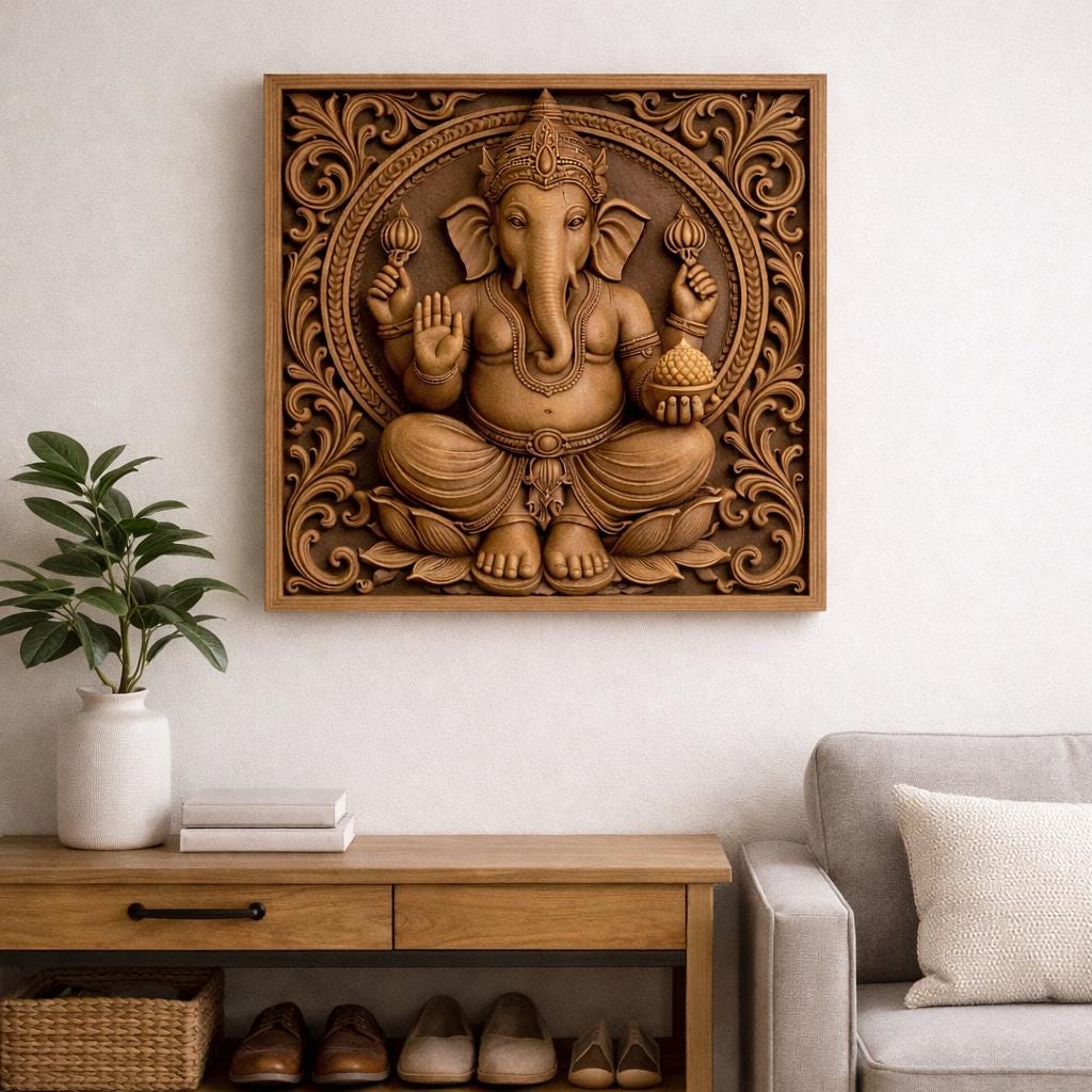 Hand-Carved Wooden Ganesha Wall panel