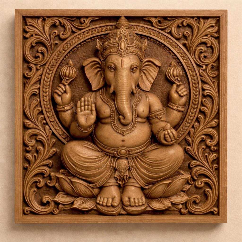 Hand-Carved Wooden Ganesha Wall panel