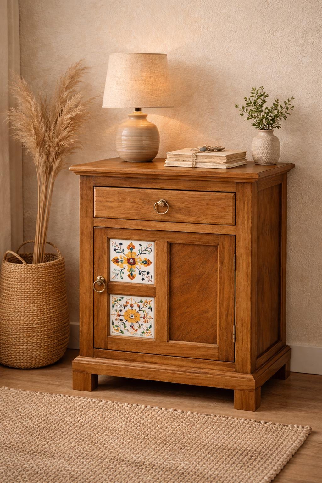 Boho Wooden Bedside Table with Ceramic Tile