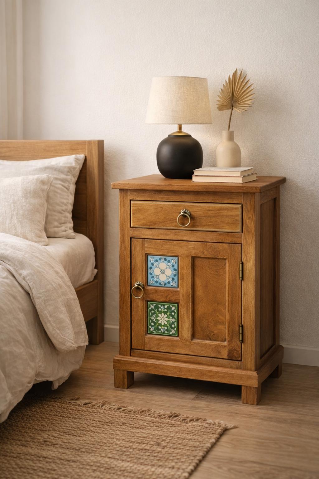 Boho Wooden Bedside Table with Ceramic Tile