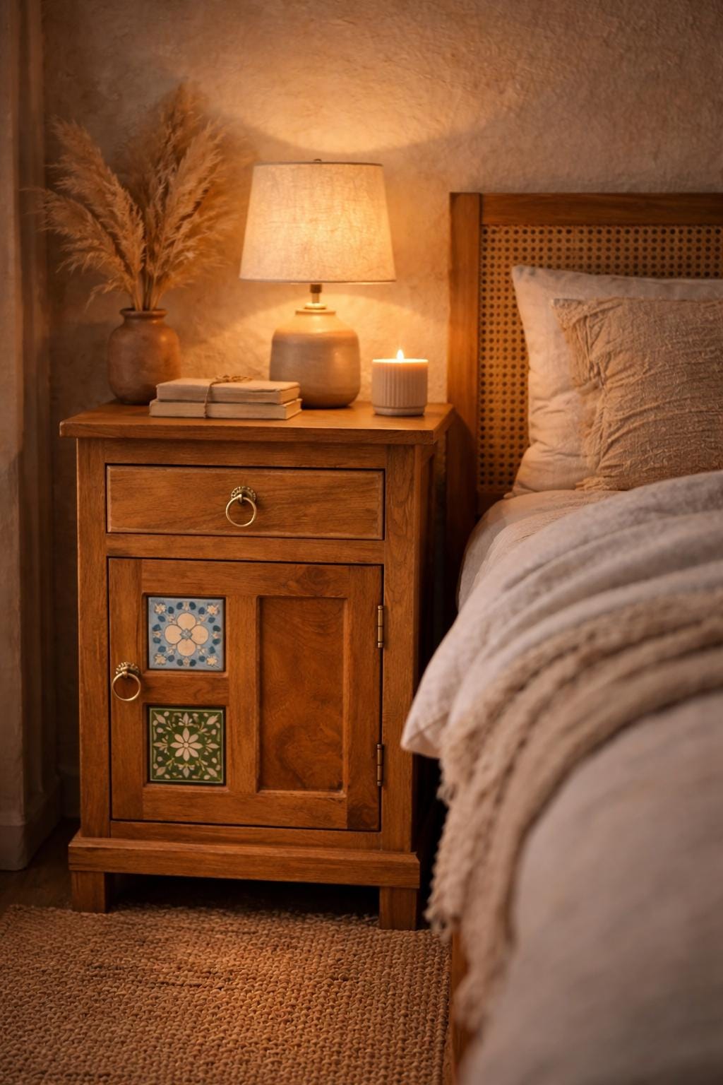 Boho Wooden Bedside Table with Ceramic Tile