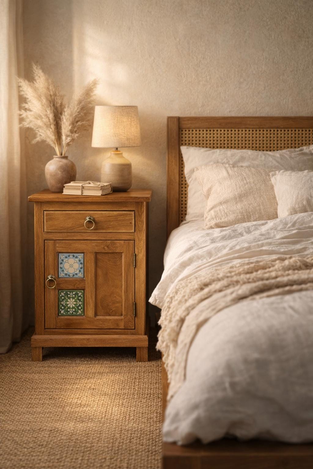 Boho Wooden Bedside Table with Ceramic Tile