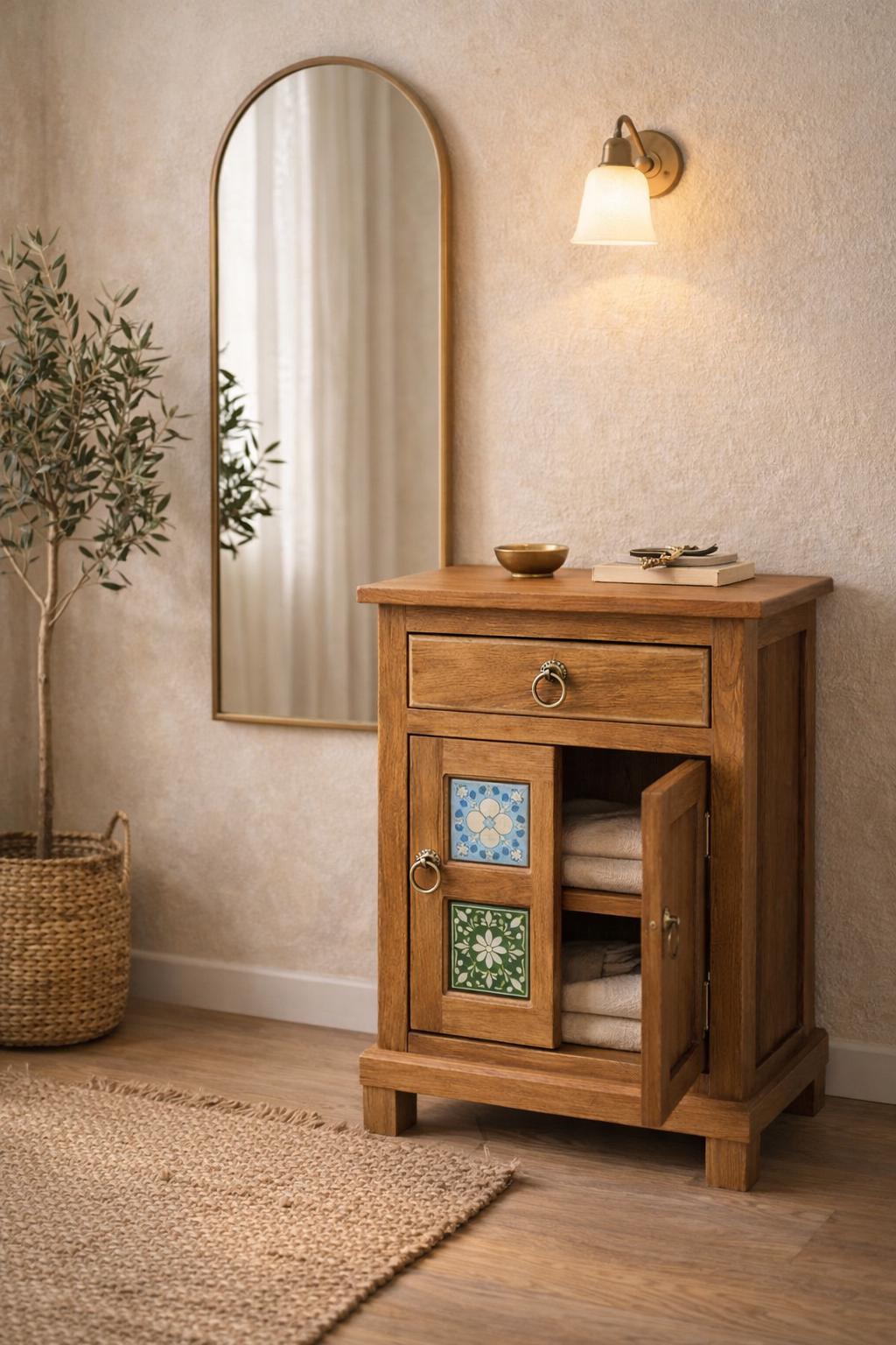 Boho Wooden Bedside Table with Ceramic Tile