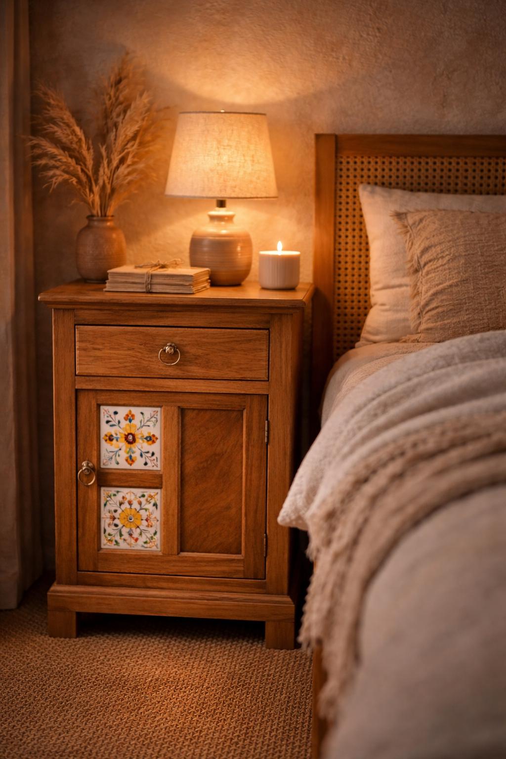 Boho Wooden Bedside Table with Ceramic Tile