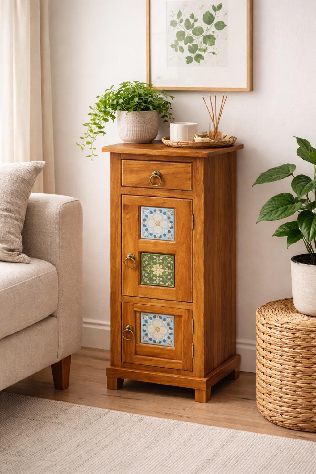 Hand Painted Tile Bedside Cabinet