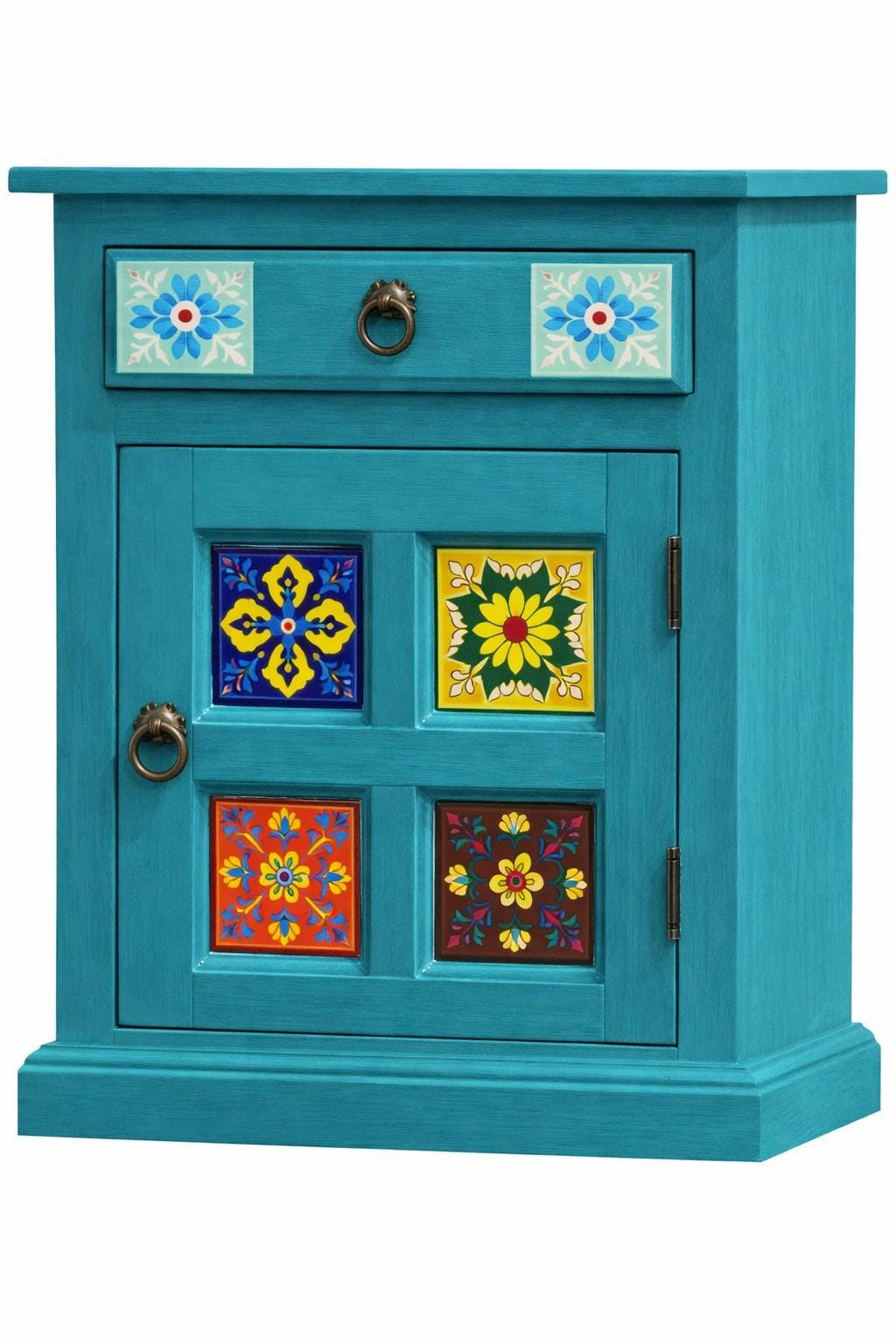 Teal Bedside Table - Hand Painted Tiles