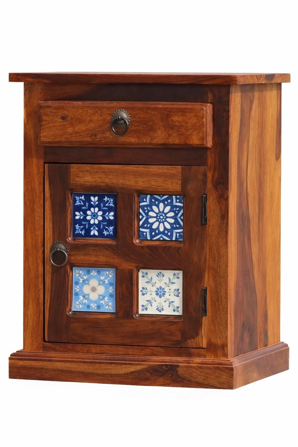 Boho Wooden Nightstand with Drawer and Cabinet
