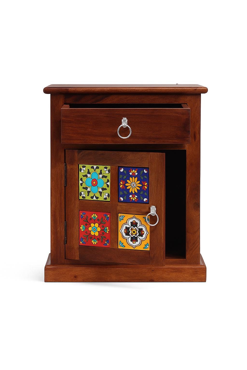 Boho Wooden Nightstand with Drawer and Cabinet