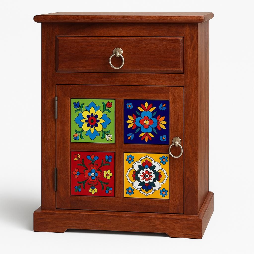Boho Wooden Nightstand with Drawer and Cabinet