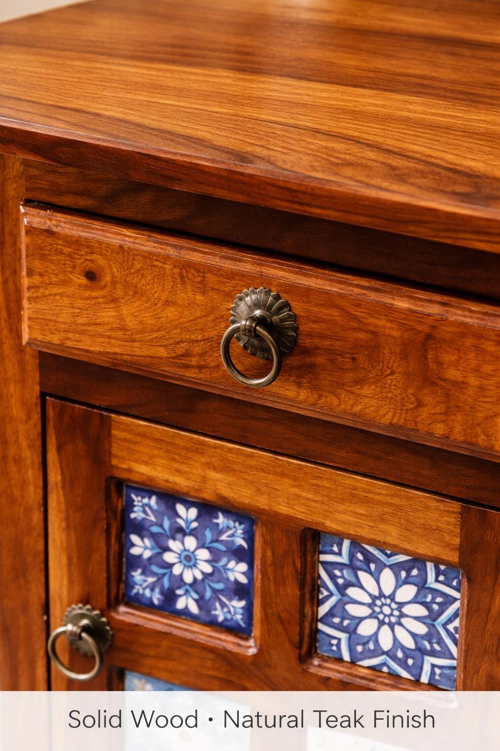 Boho Wooden Nightstand with Drawer and Cabinet