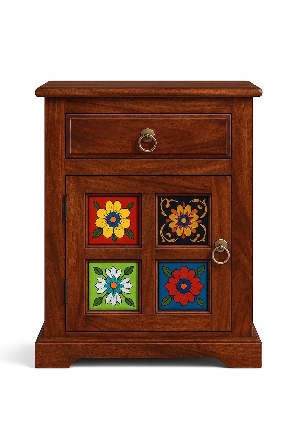 Boho Wooden Nightstand with Drawer and Cabinet
