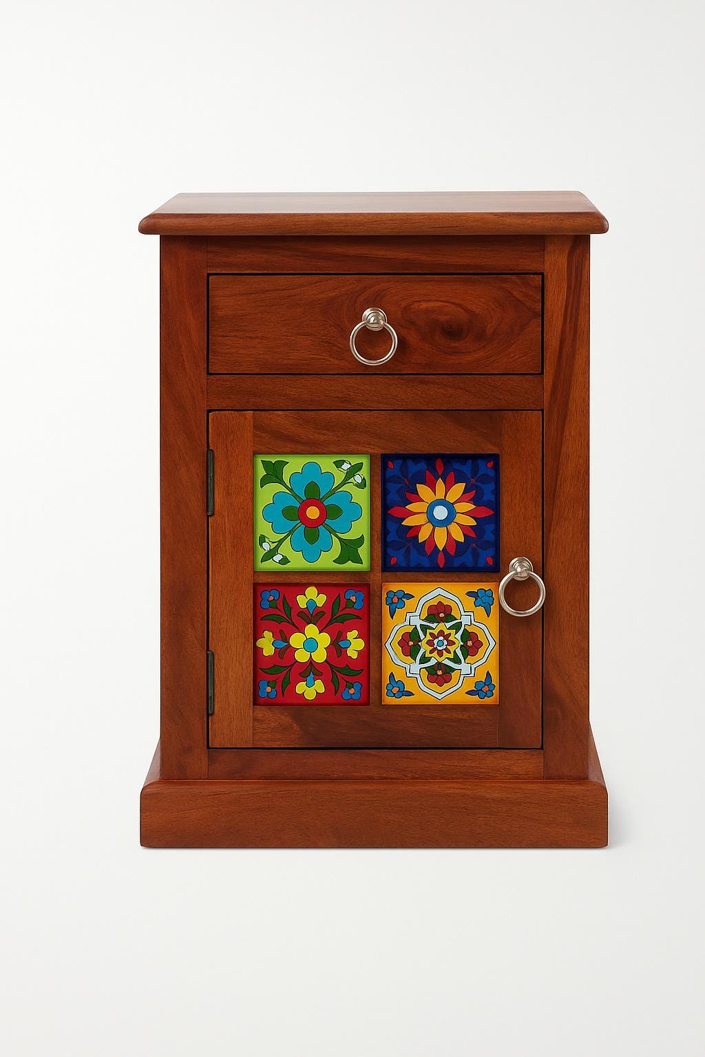 Boho Wooden Nightstand with Drawer and Cabinet