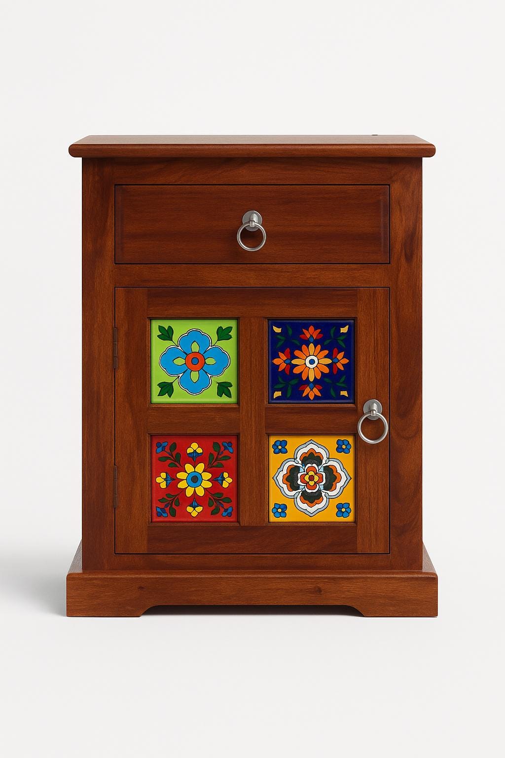 Boho Wooden Nightstand with Drawer and Cabinet