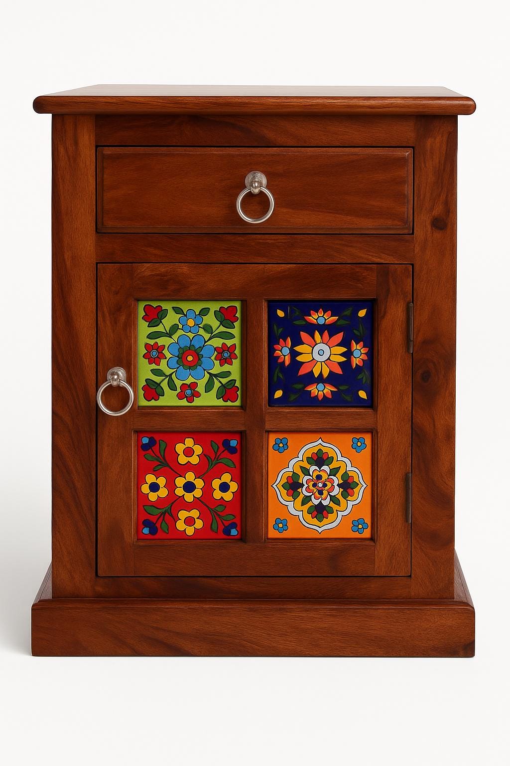 Boho Wooden Nightstand with Drawer and Cabinet