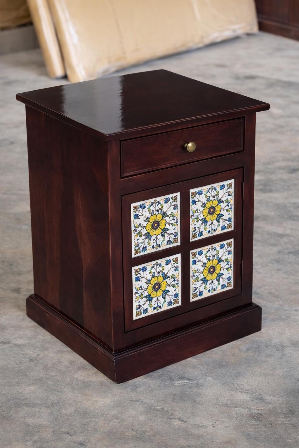 Boho Wooden Nightstand with Drawer and Cabinet