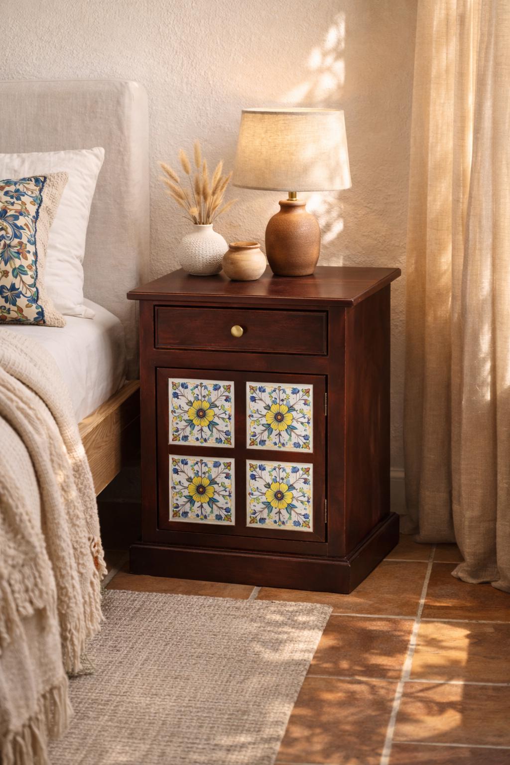 Boho Wooden Nightstand with Drawer and Cabinet