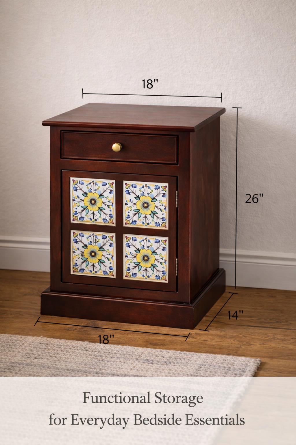 Boho Wooden Nightstand with Drawer and Cabinet