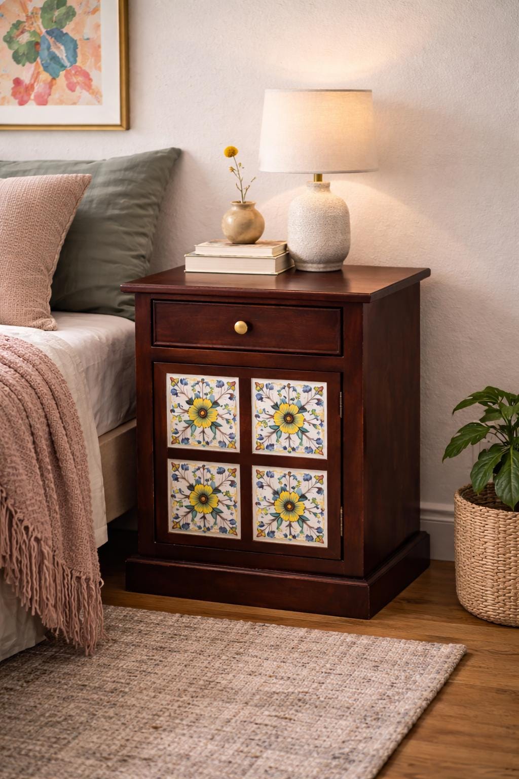 Boho Wooden Nightstand with Drawer and Cabinet