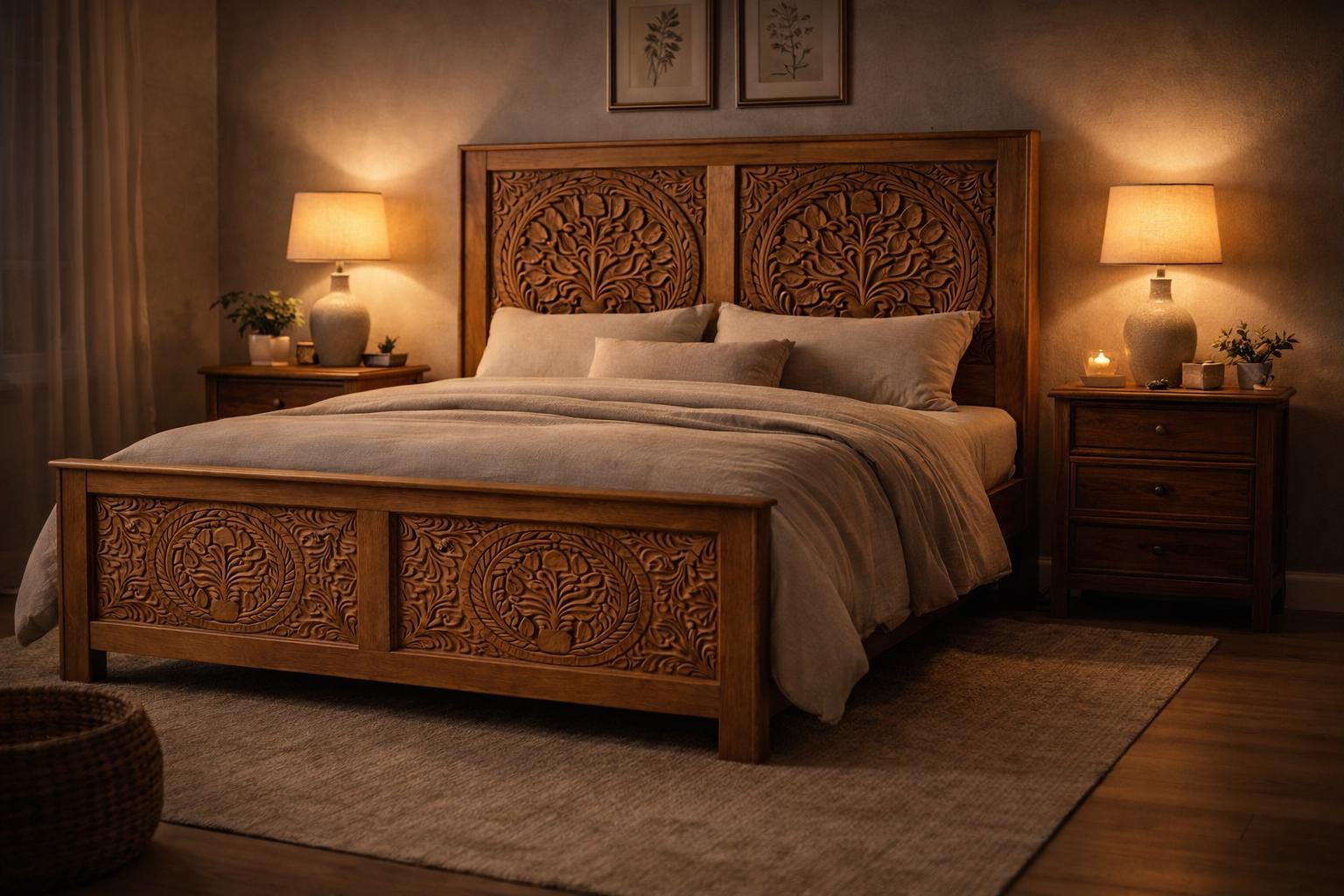 Solid Wood Queen Bed - Tree of Life Carved