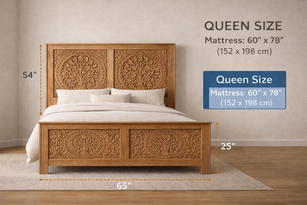 Solid Wood Queen Bed - Tree of Life Carved