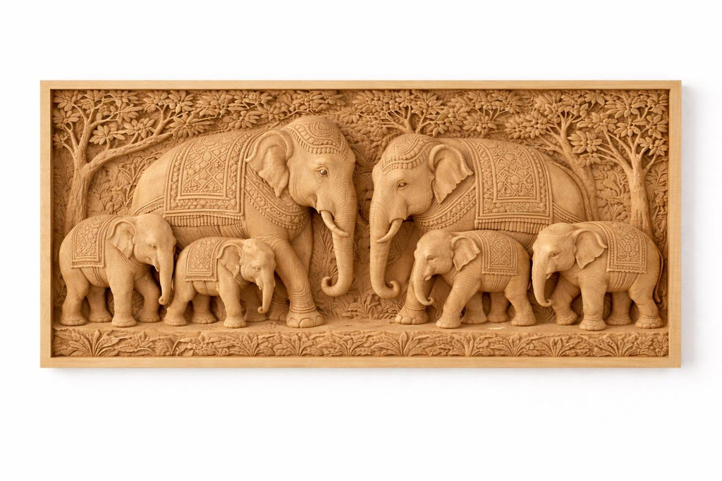 Wooden Elephant Wall Panel - Family Relief Art
