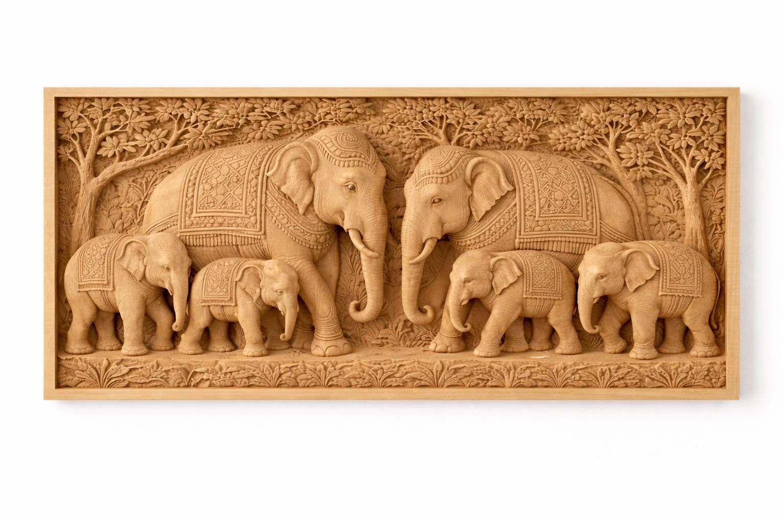 Wooden Elephant Wall Panel - Family Relief Art