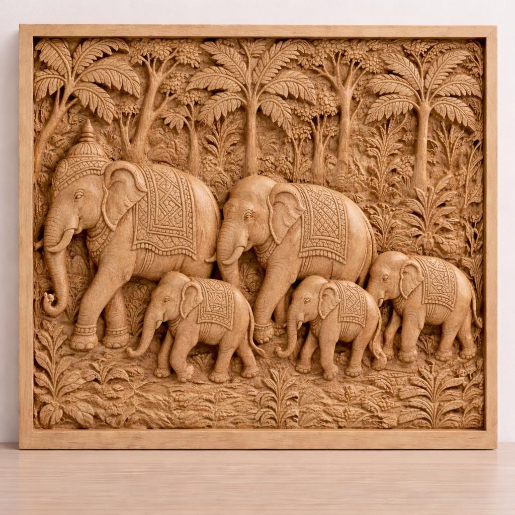 Teak Elephant Parade Wall Panel