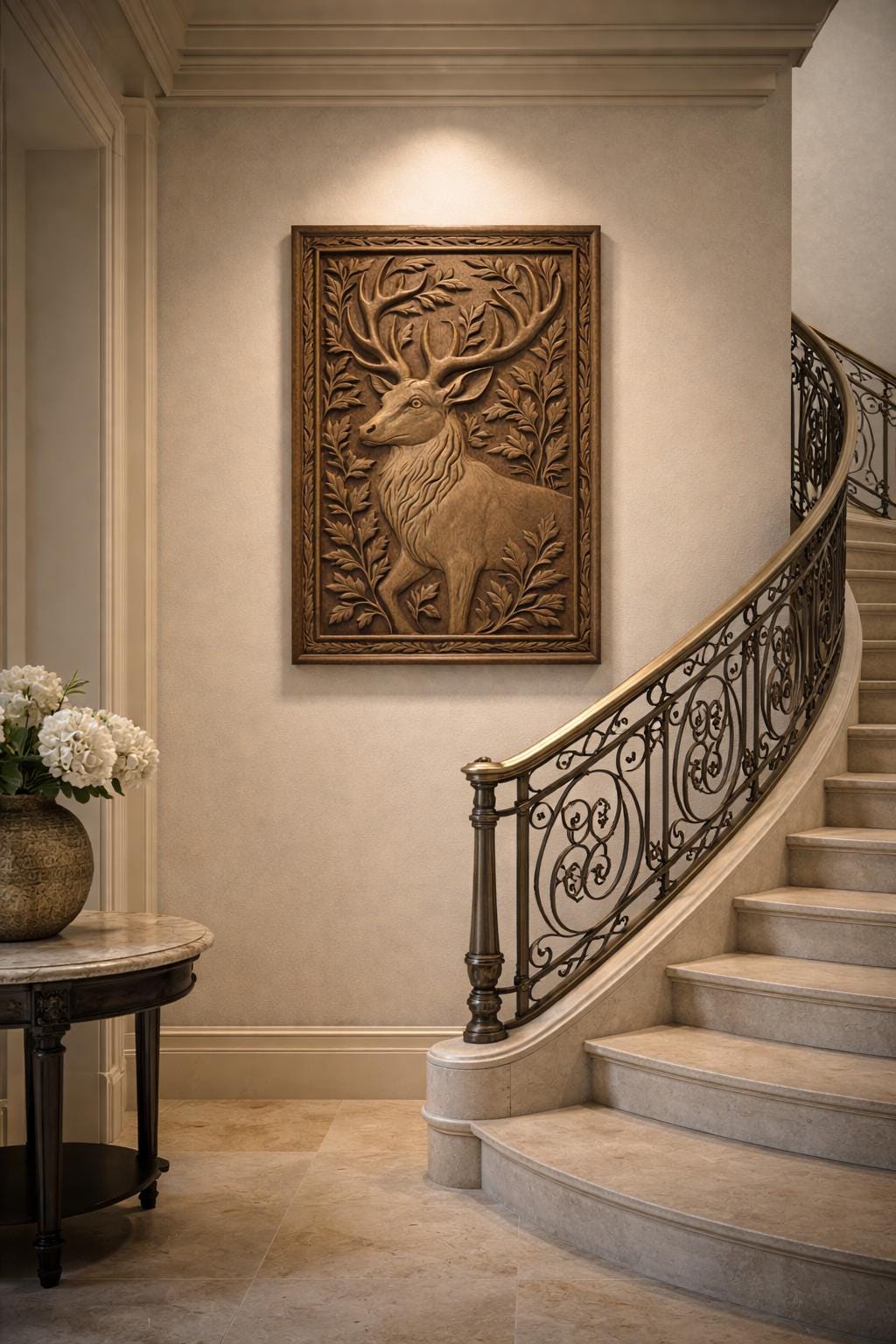 Teak Wood Stag Wall Art - Carved Relief Panel