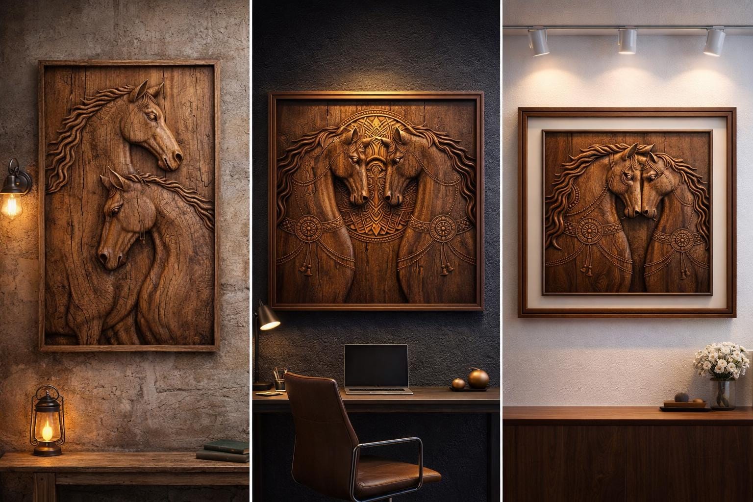Wooden Horse Wall Panel - Hand Carved Solid Wood Decor