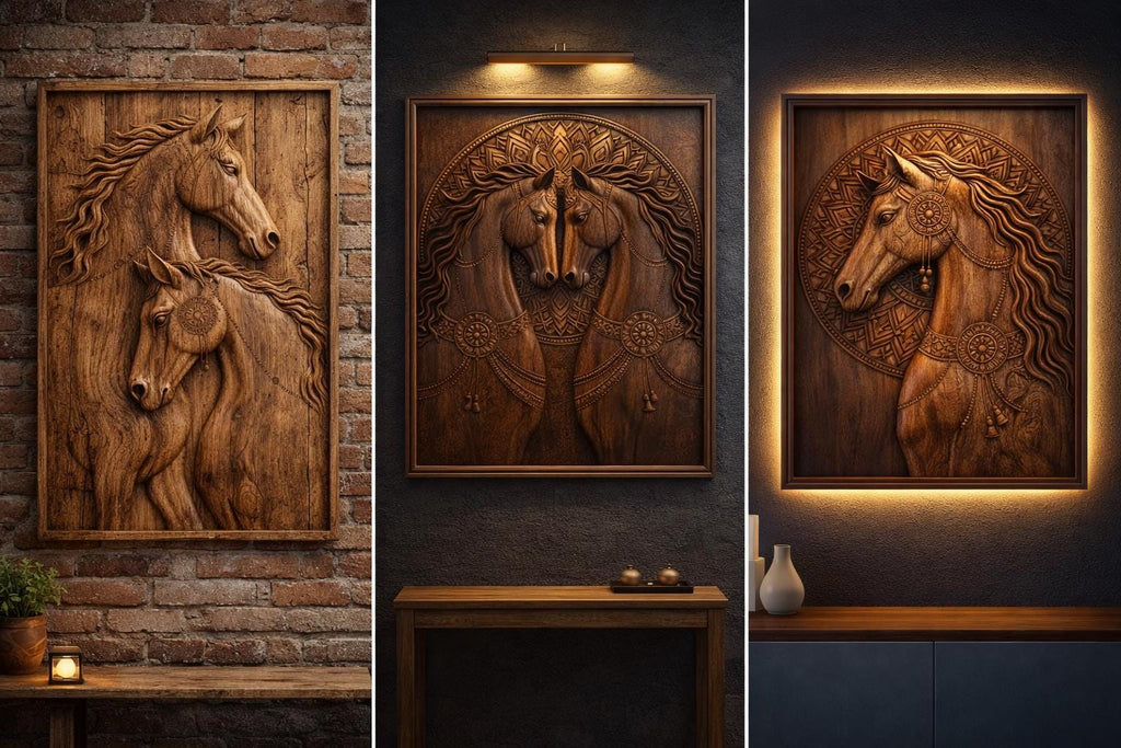Wooden Horse Wall Panel - Hand Carved Solid Wood Decor