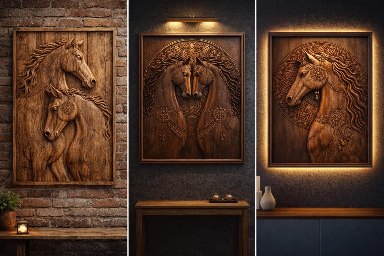 Horse Wall Art Panel - Hand Carved Wood