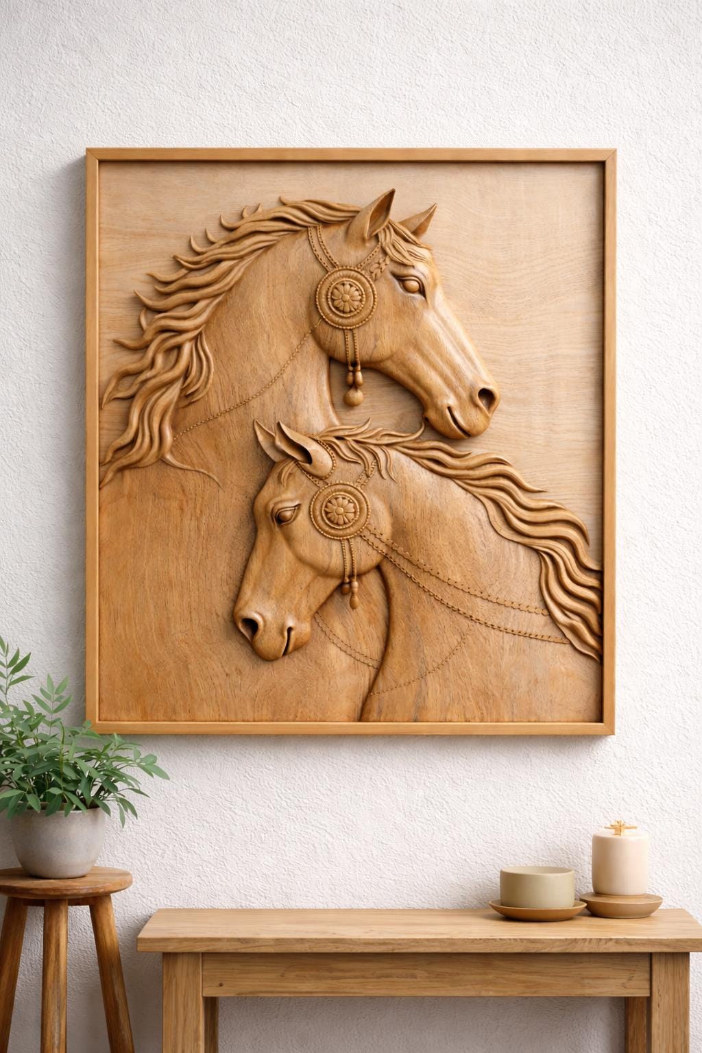 Horse Wall Art Panel - Hand Carved Wood