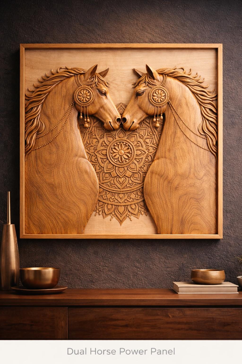 Wooden Horse Wall Panel - Hand Carved Solid Wood Decor