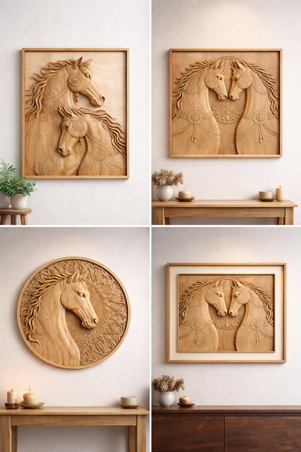 Wooden Horse Wall Panel - Hand Carved Solid Wood Decor