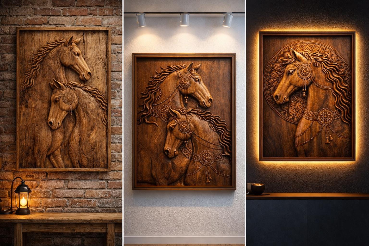 Wooden Horse Wall Panel - Hand Carved Solid Wood Decor