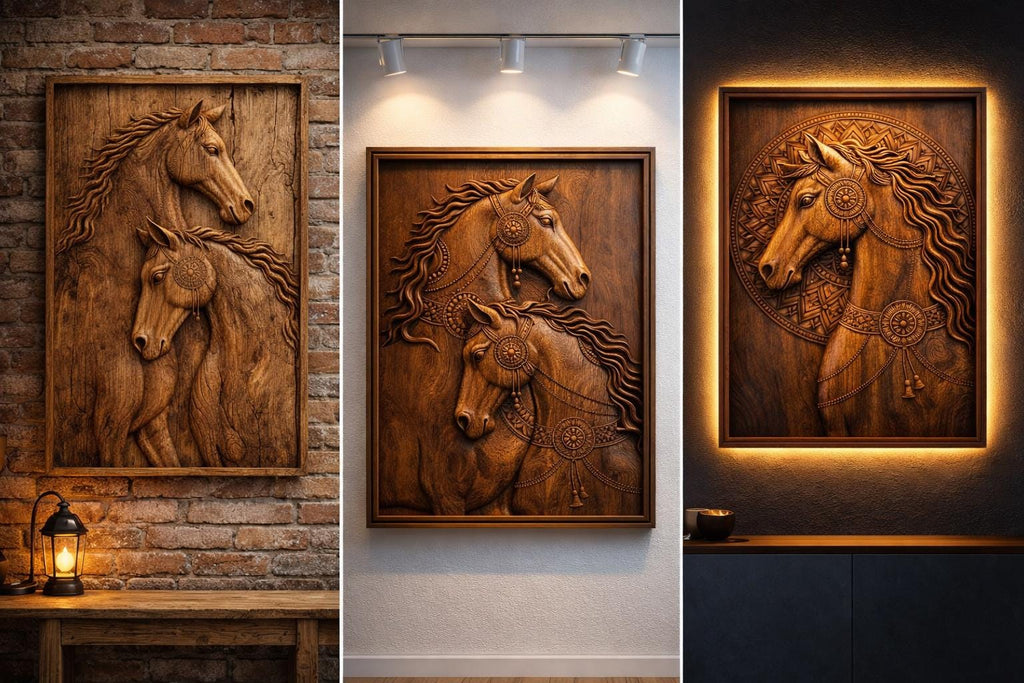 Horse Wall Art Panel - Hand Carved Wood