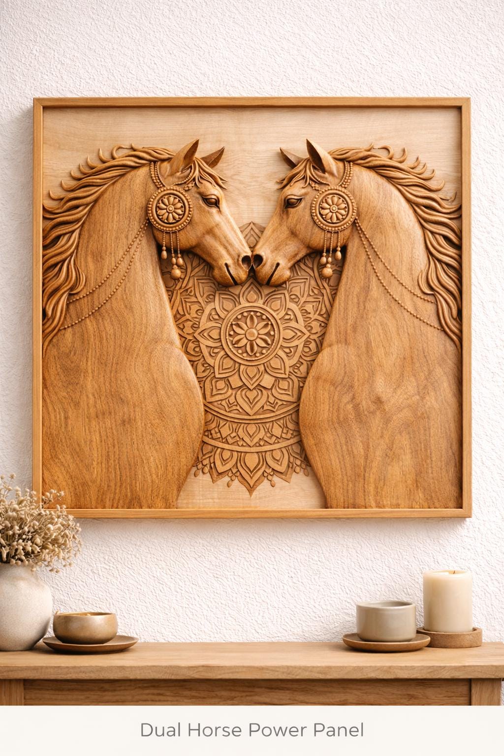 Wooden Horse Wall Panel - Hand Carved Solid Wood Decor