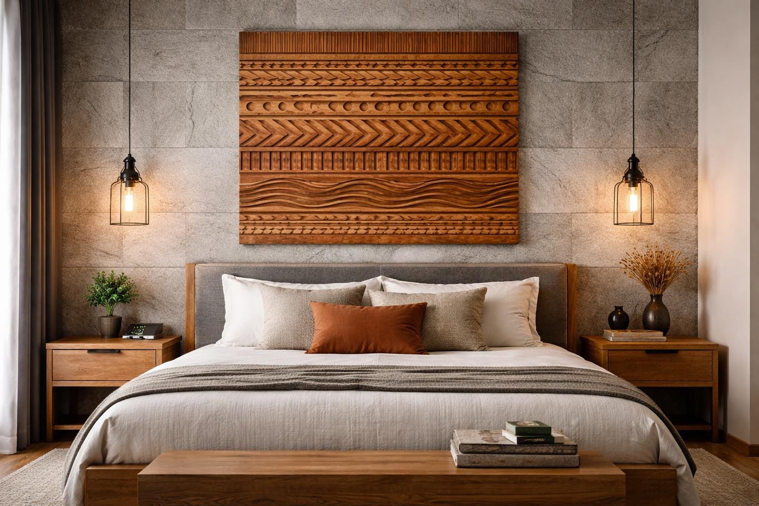 Hand Carved Geometric Wooden Wall Panel