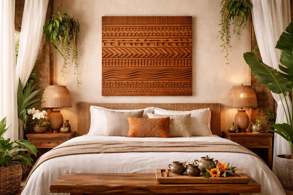 Hand Carved Geometric Wooden Wall Panel