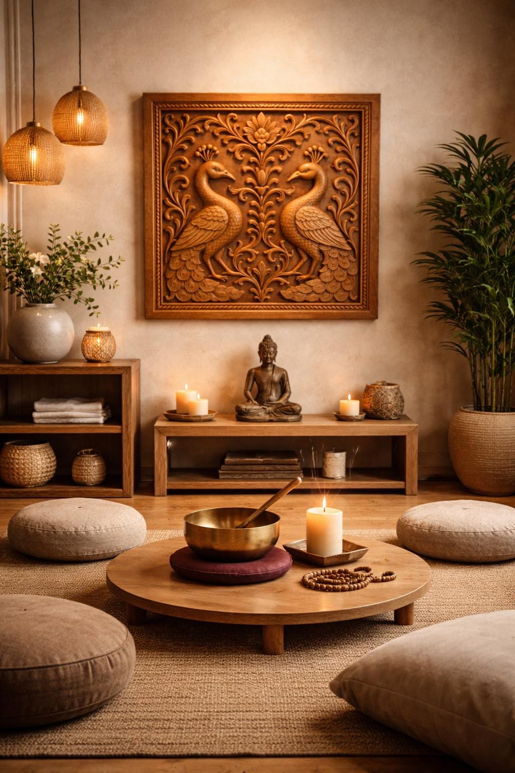 Peacock Mandala Wall Art - Golden Line Panel