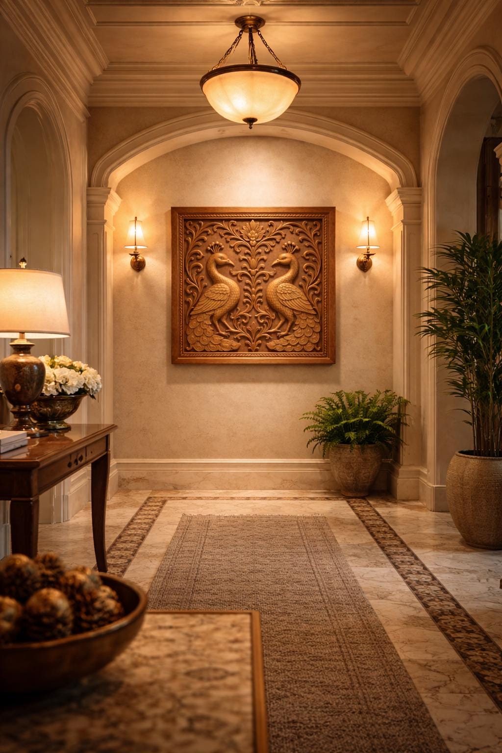 Peacock Mandala Wall Art - Golden Line Panel