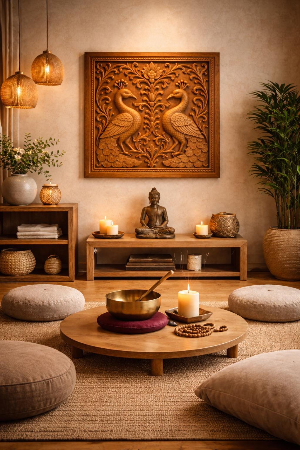 Peacock Mandala Wall Art - Golden Line Panel