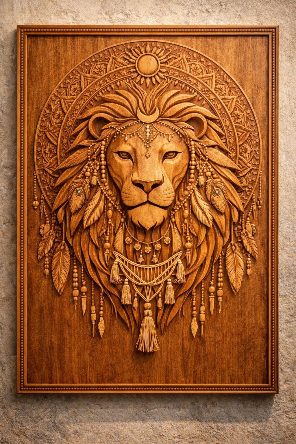Boho Lion Wall Art Panel - Hand Carved Teak