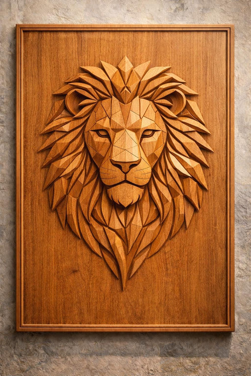 Boho Lion Wall Art Panel - Hand Carved Teak