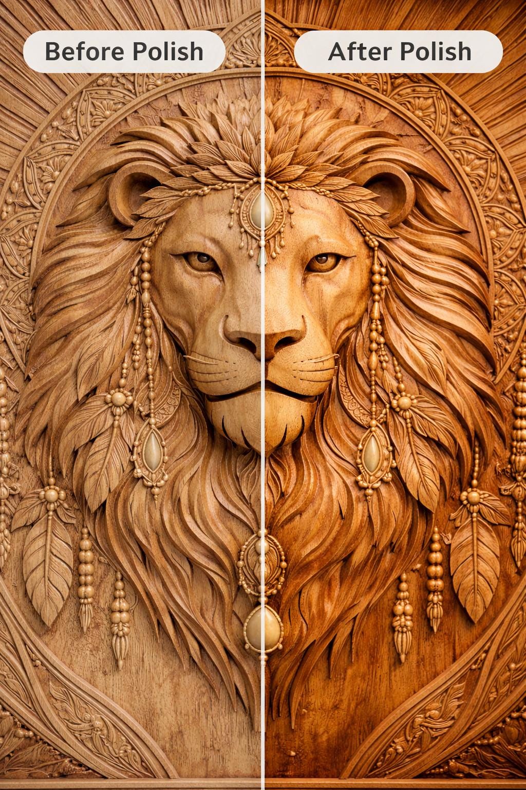 Boho Lion Wall Art Panel - Hand Carved Teak