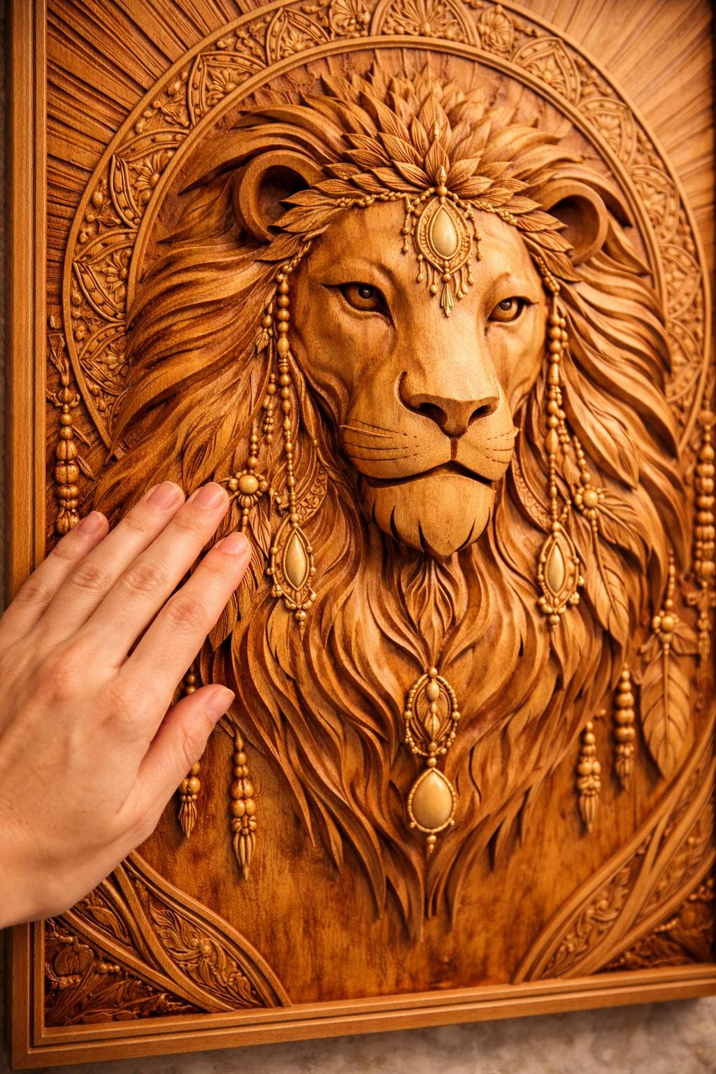 Boho Lion Wall Art Panel - Hand Carved Teak