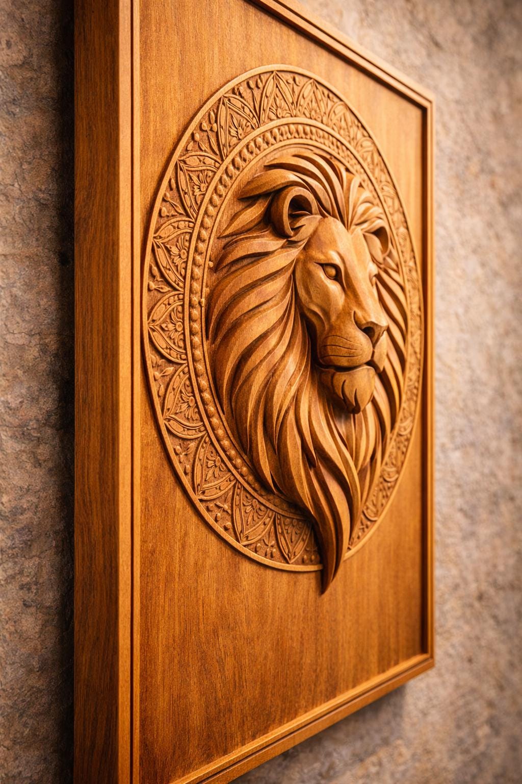 Boho Lion Wall Art Panel - Hand Carved Teak