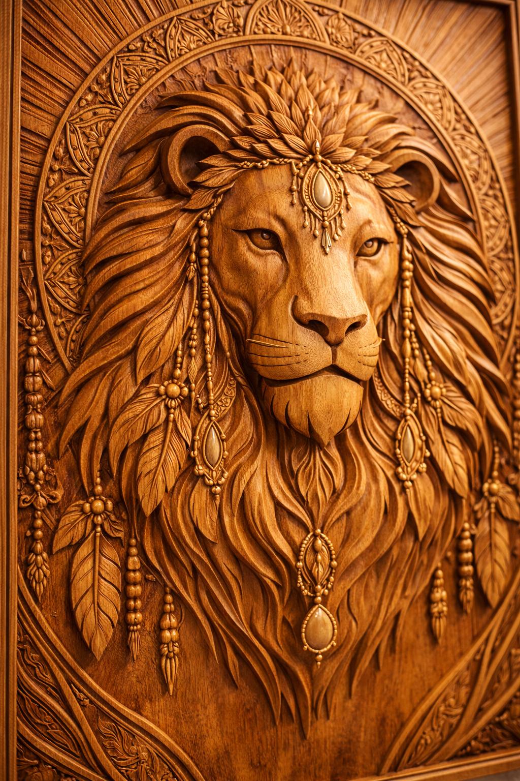 Boho Lion Wall Art Panel - Hand Carved Teak